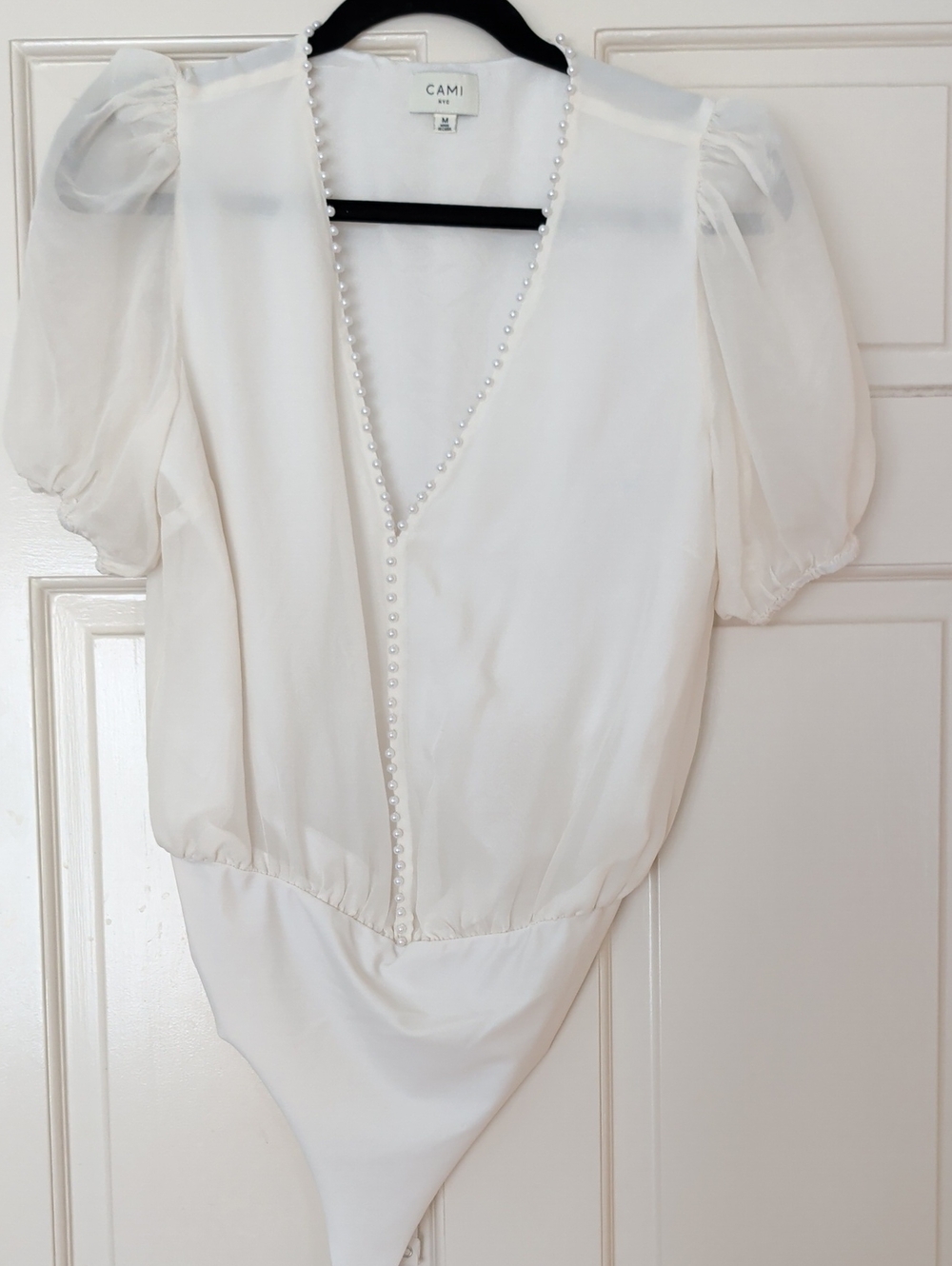 Ami Ivory Pearl-Trim Puff Sleeve Bodysuit
